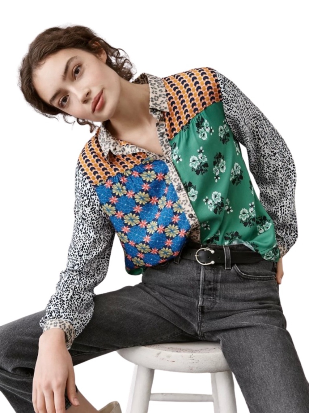 Maeve Anthropologie Paz Fern Mixed Print Button Down Blouse Leopard Floral L